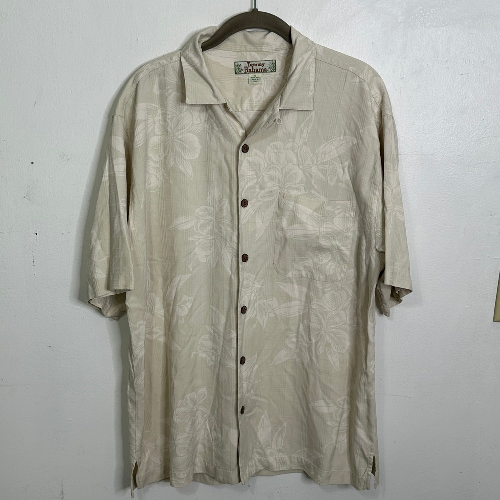 Tommy Bahama Mens Silk Camp Shirt Beige Floral Hibiscus Short Sleeve Button Up M